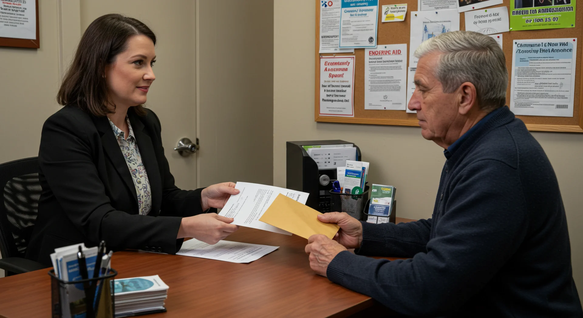 Emergency financial assistance volunteer helping a client.