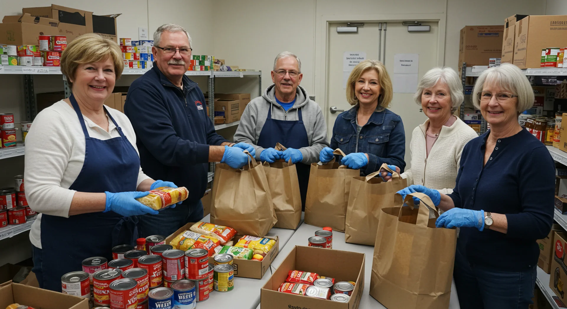 Food bank volunteers helping sort food.