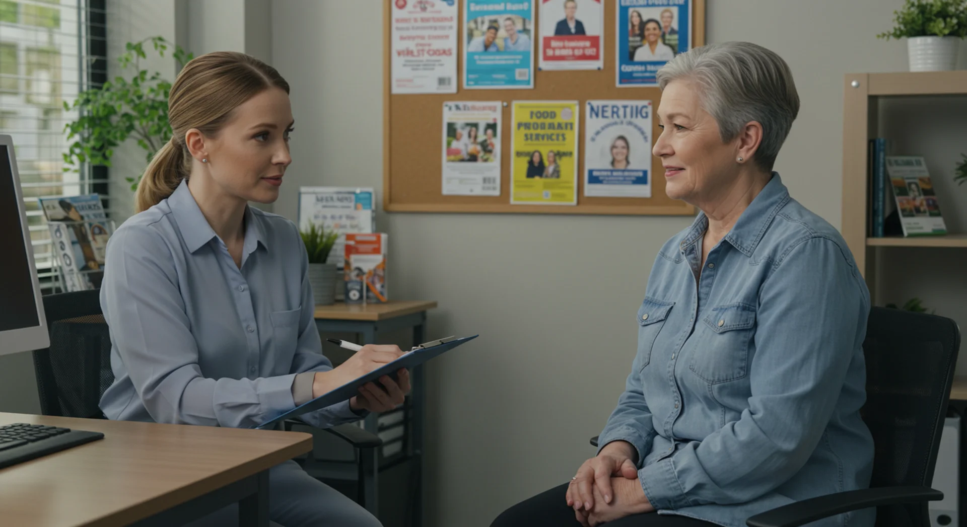 Referral services volunteer helping a client.