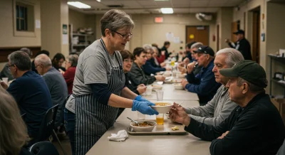 Soup kitchen volunteer distributing meals.